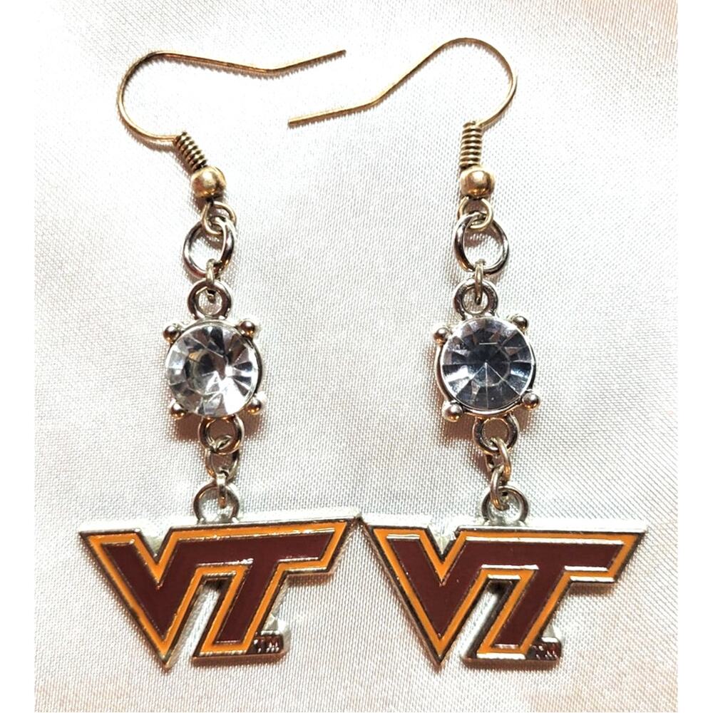 Virginia Tech Hokies Dangle Earrings Silvertone Enamel Logo Rhonestone 2.5"